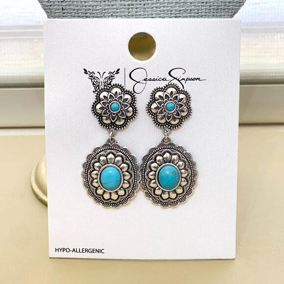 New Jessica Simpson Earrings Silver Turquoise Blue Dangle Double Circle Drop NWT - Picture 1 of 4